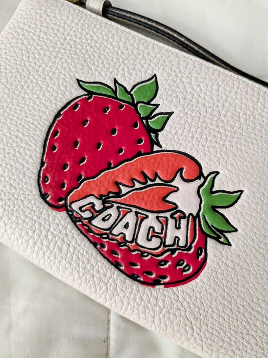 Coach Handbags - RARE Coach Large Corner Zip Wristlet Strawberry Print Pebble Leather Chalk NWT